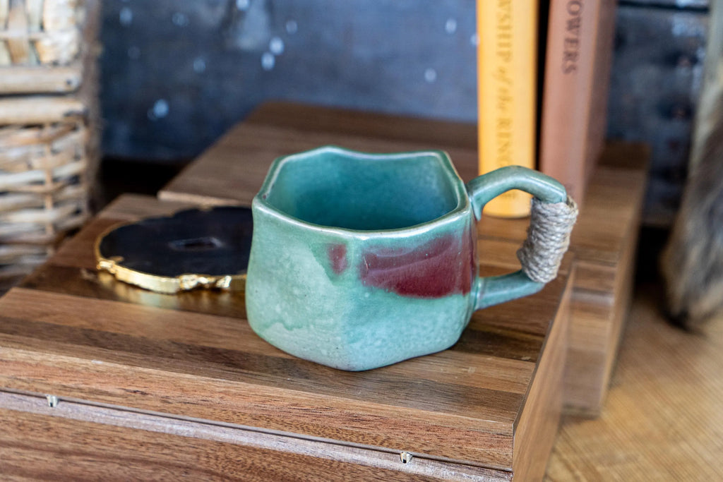 Jade Ceramic Mug W/Rope Wrapped Handle | Rustic Pottery Coffee Cup | Artisan Drinkware