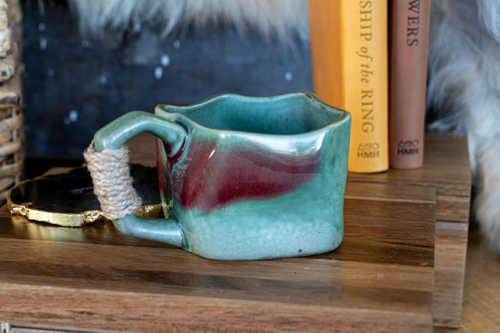 Jade Ceramic Mug W/Rope Wrapped Handle | Rustic Pottery Coffee Cup | Artisan Drinkware