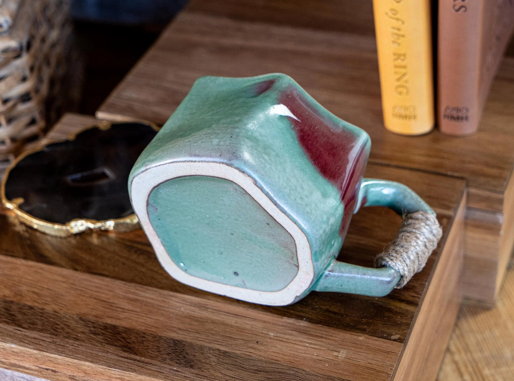 Jade Ceramic Mug W/Rope Wrapped Handle | Rustic Pottery Coffee Cup | Artisan Drinkware