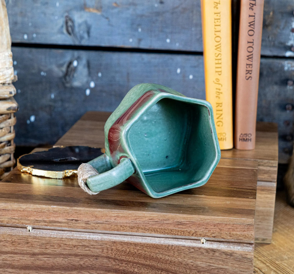 Jade Ceramic Mug W/Rope Wrapped Handle | Rustic Pottery Coffee Cup | Artisan Drinkware