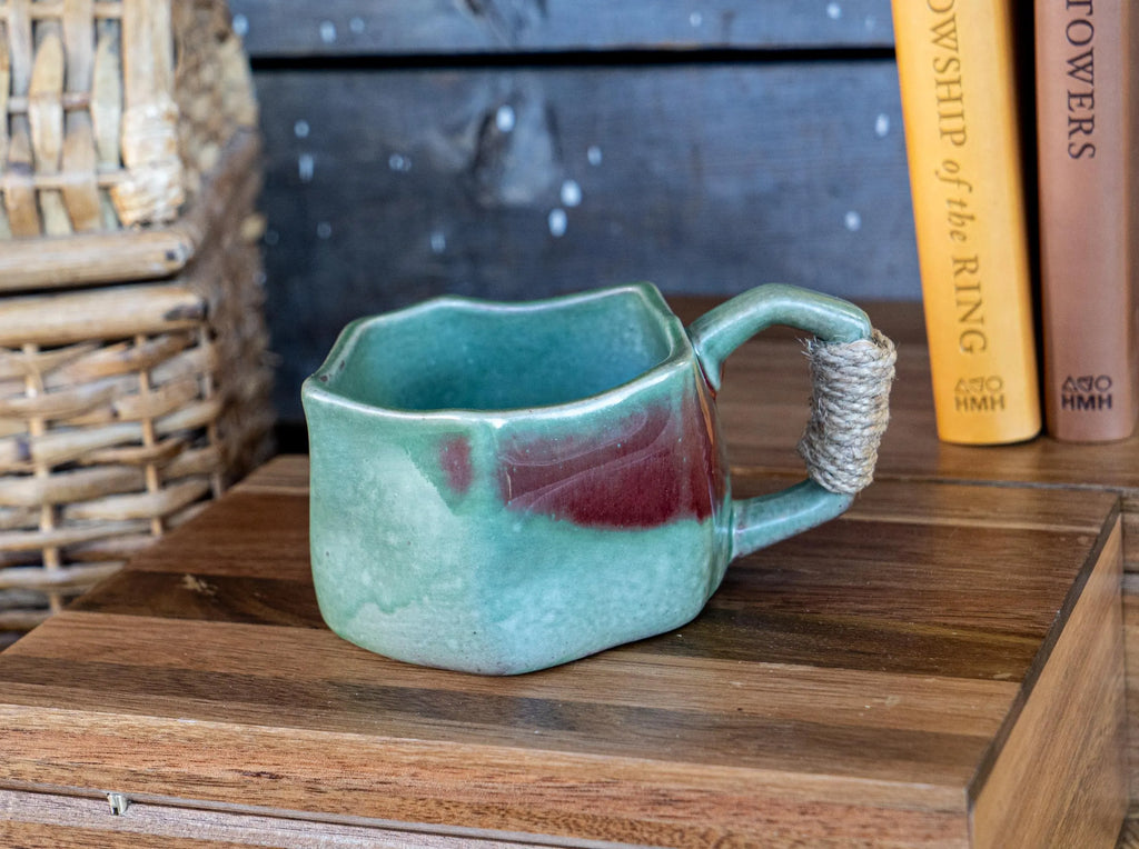 Jade Ceramic Mug W/Rope Wrapped Handle | Rustic Pottery Coffee Cup | Artisan Drinkware