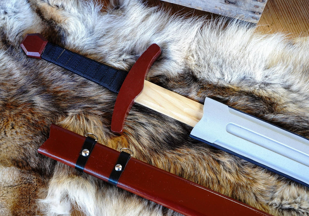 Wood Toy Sword with Sheath: Padded Foam Cover - Red, Blue, or Grey