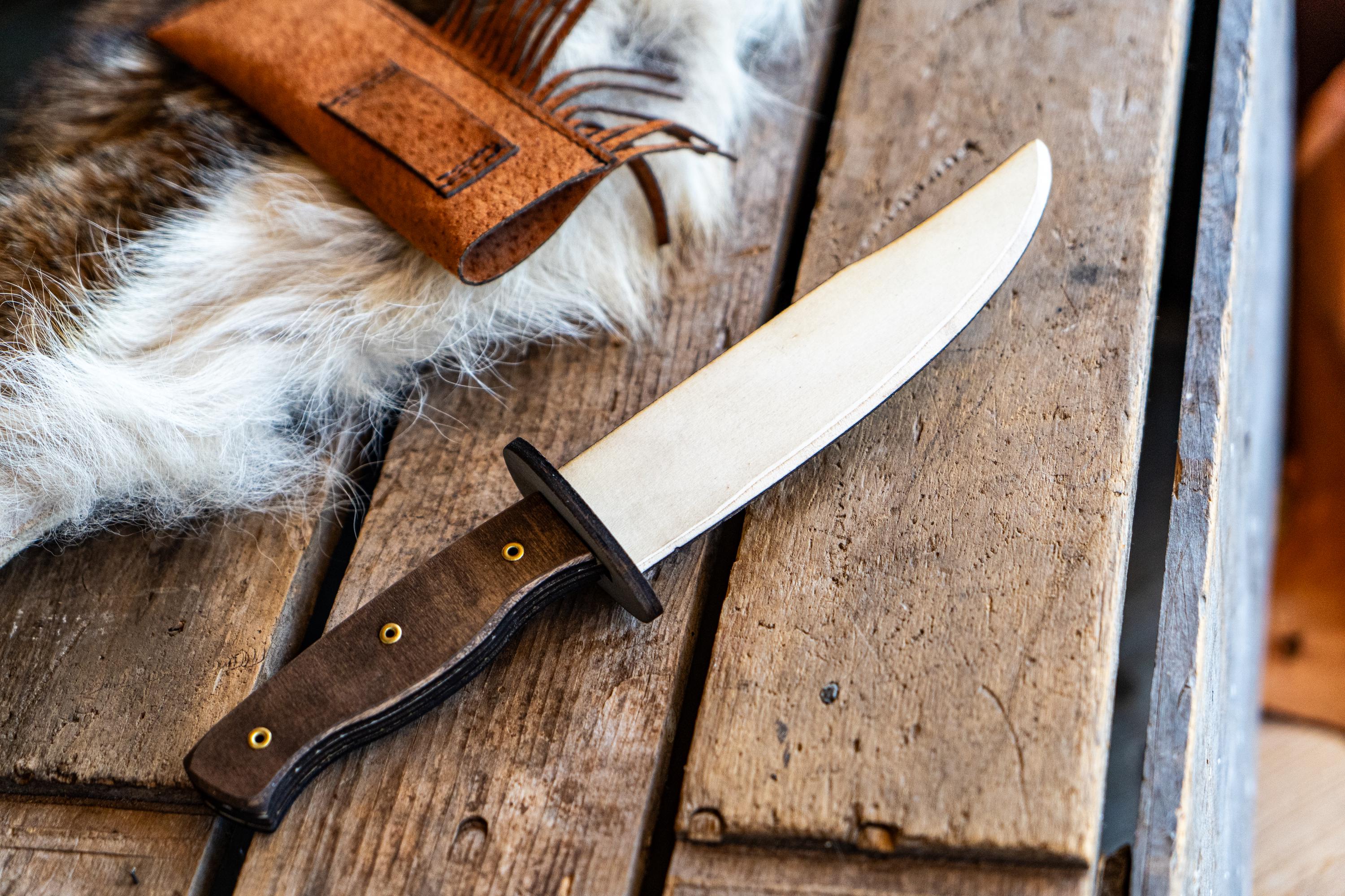 Play Wooden Bowie Knife with Real Leather Sheath - Layered Handle with Brass Rivets