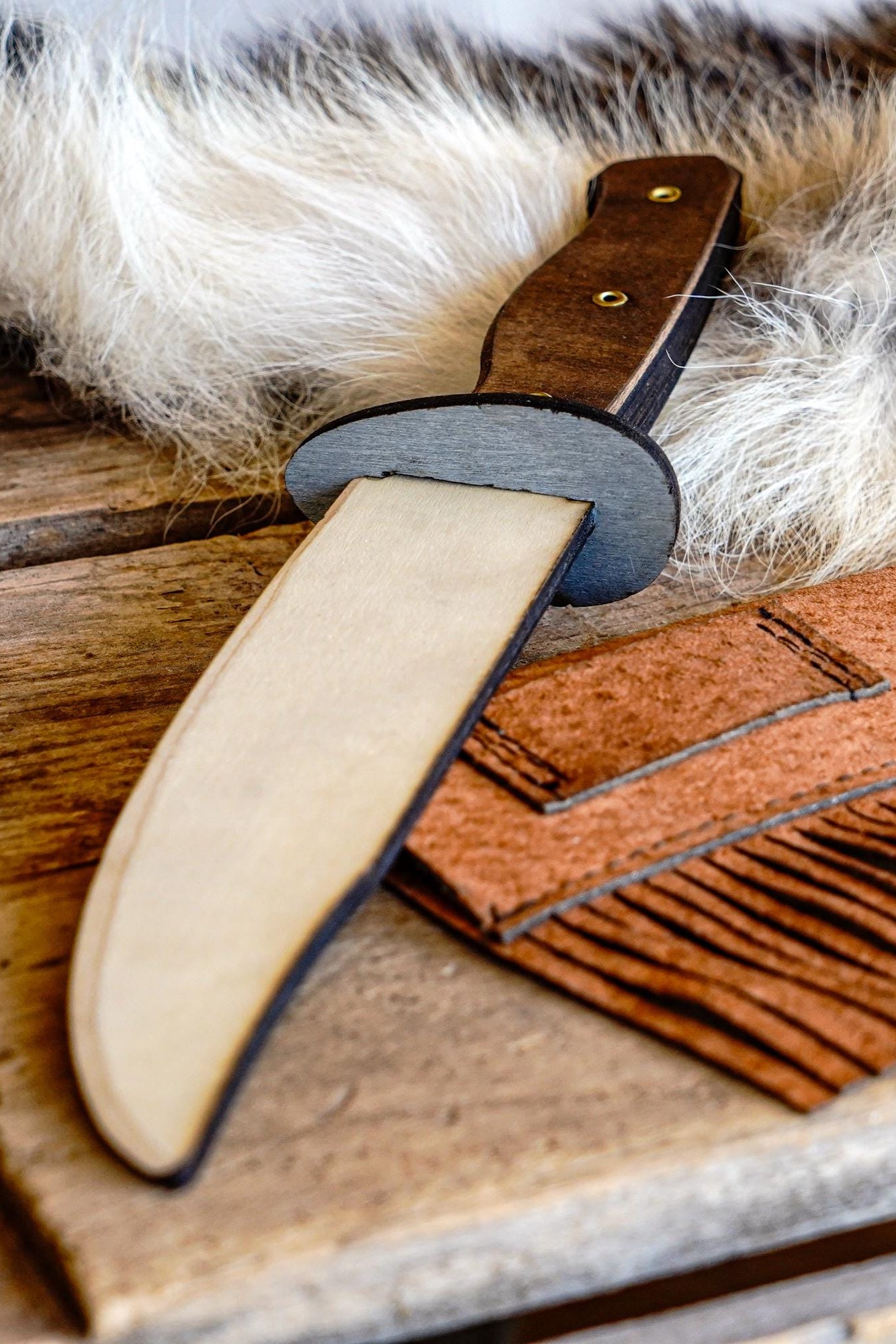 Play Wooden Bowie Knife with Real Leather Sheath