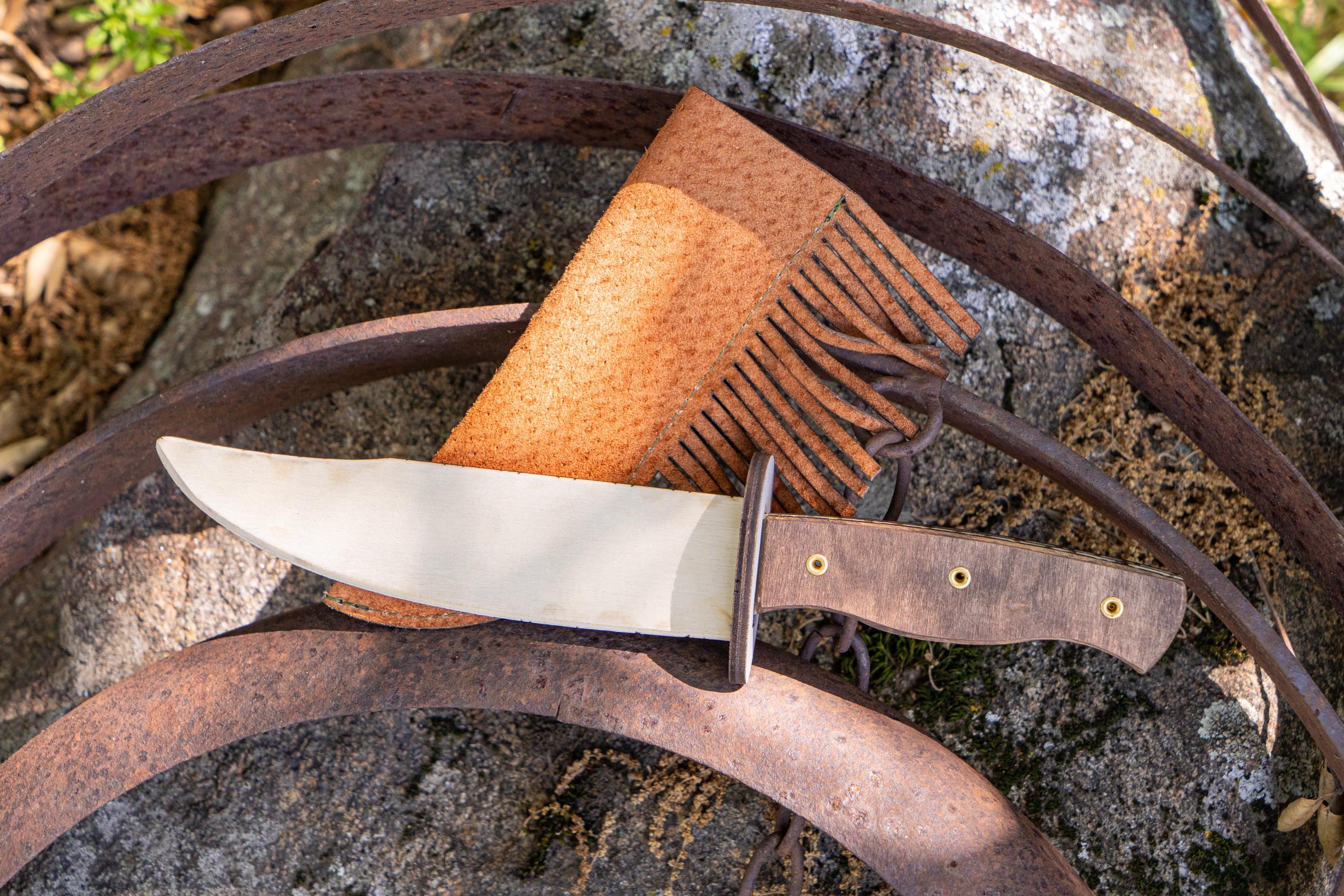 Play Wooden Bowie Knife with Real Leather Sheath