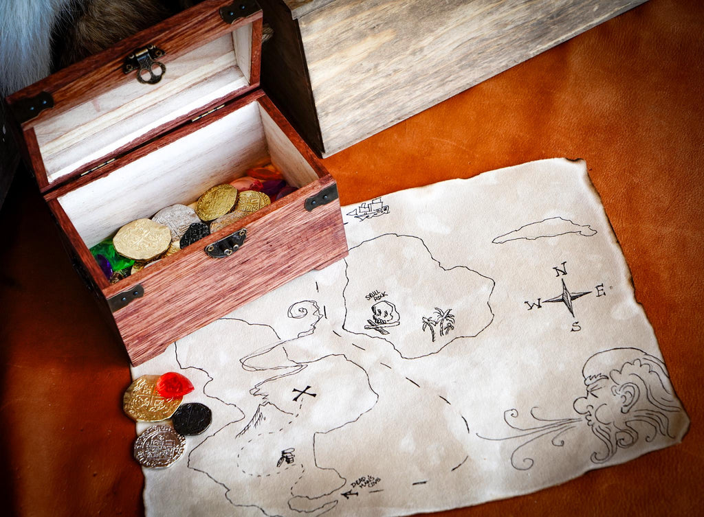 Pirate's Treasure Chest Kit with Jewels, Real Metal Coins, and Blank Antiqued Map Paper