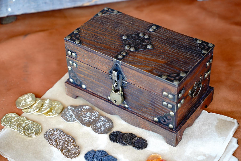 Pirate's Treasure Chest Kit with Jewels, Real Metal Coins, and Blank Antiqued Map Paper