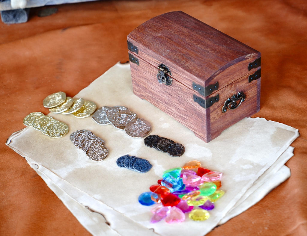 Pirate's Treasure Chest Kit with Jewels, Real Metal Coins, and Blank Antiqued Map Paper
