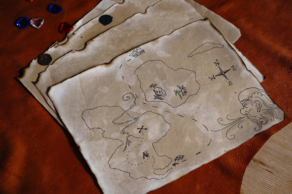 Pirate's Treasure Chest Kit with Jewels, Real Metal Coins, and Blank Antiqued Map Paper