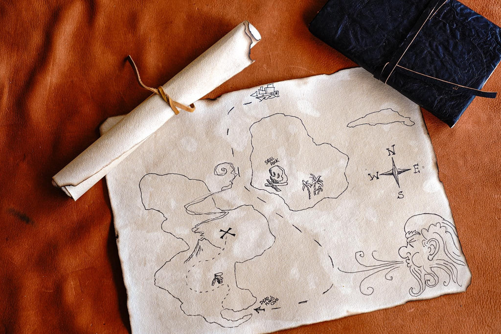 Pirate's Treasure Chest Kit with Jewels, Real Metal Coins, and Blank Antiqued Map Paper