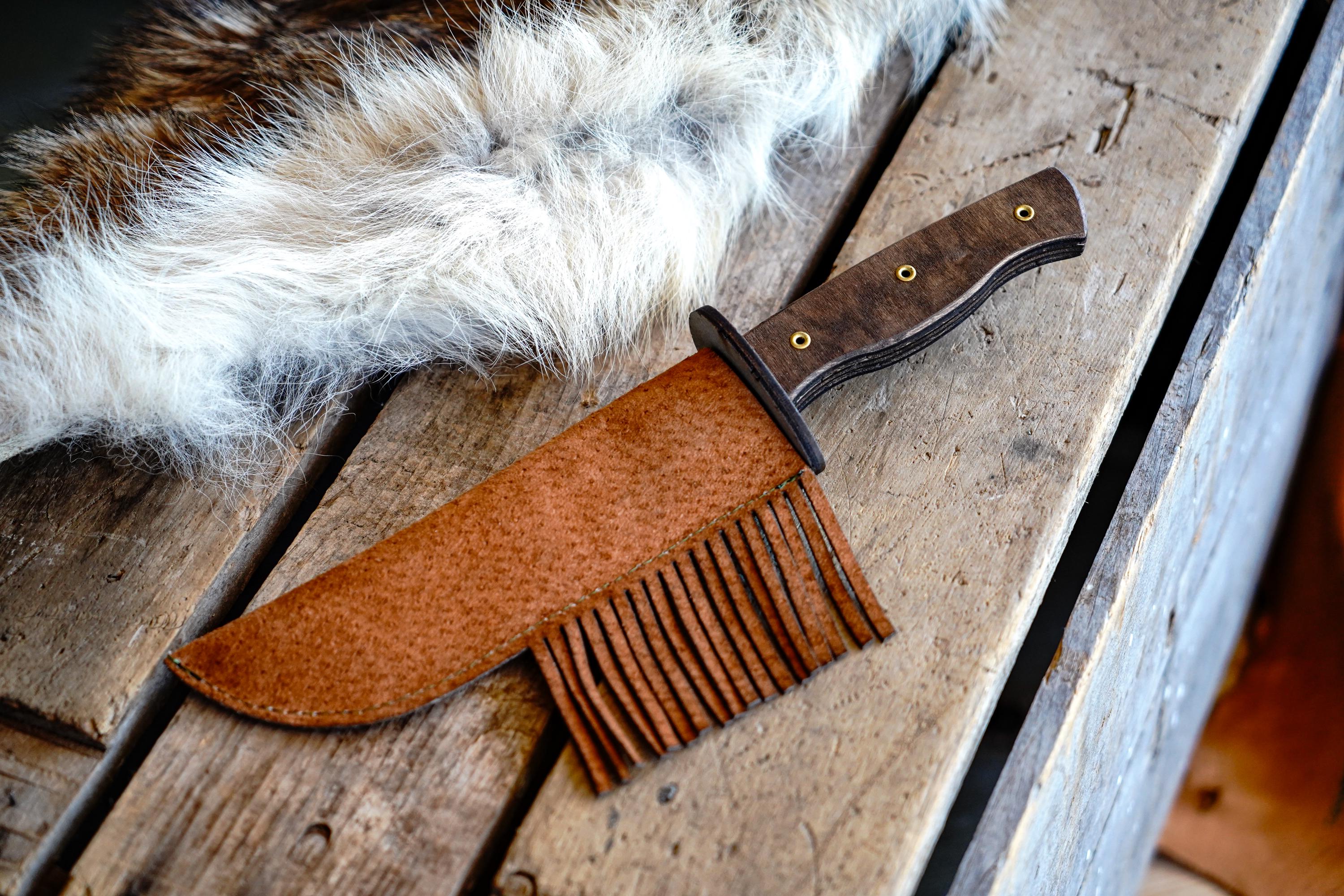 Play Wooden Bowie Knife with Real Leather Sheath - Layered Handle with Brass Rivets