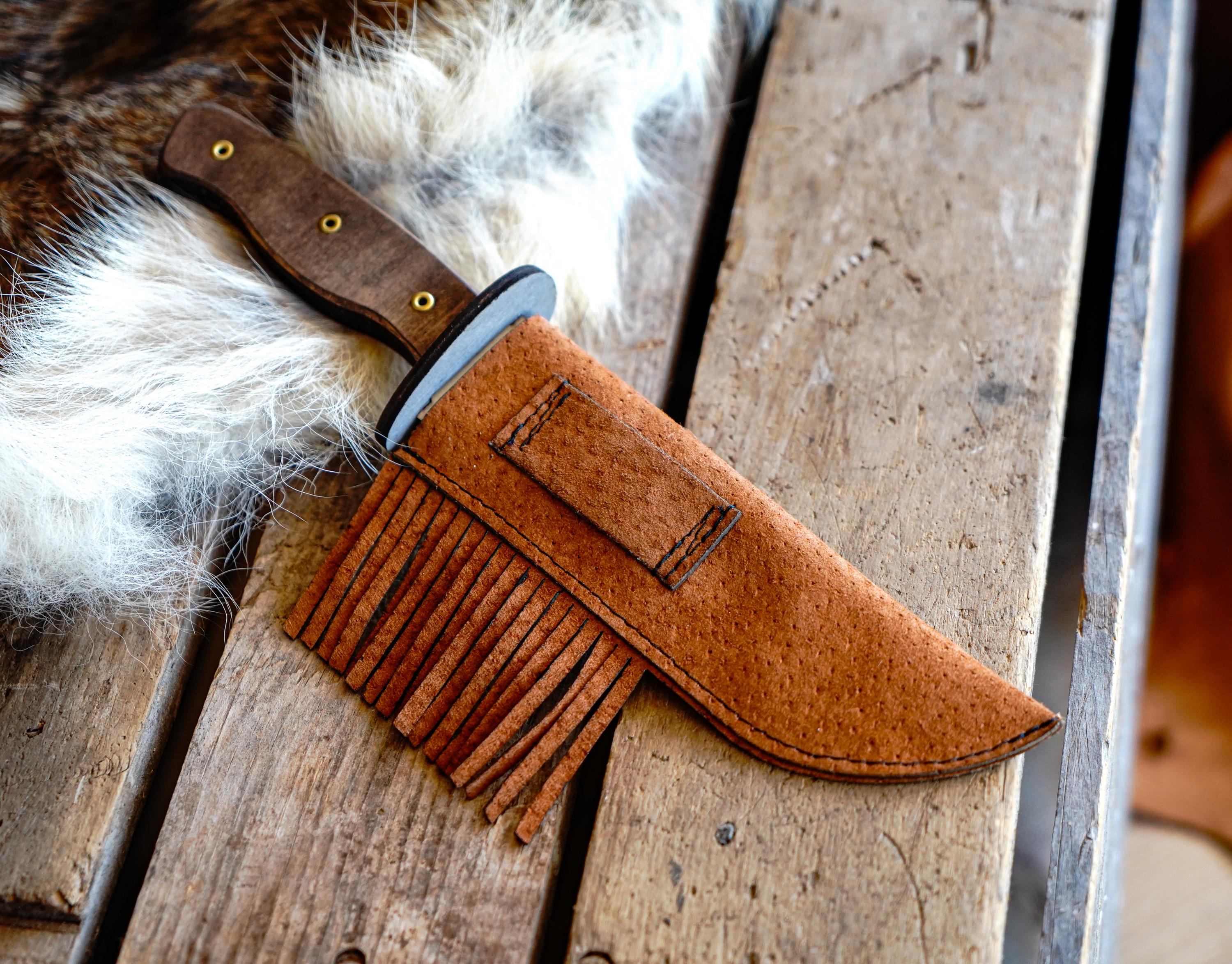 Play Wooden Bowie Knife with Real Leather Sheath - Layered Handle with Brass Rivets