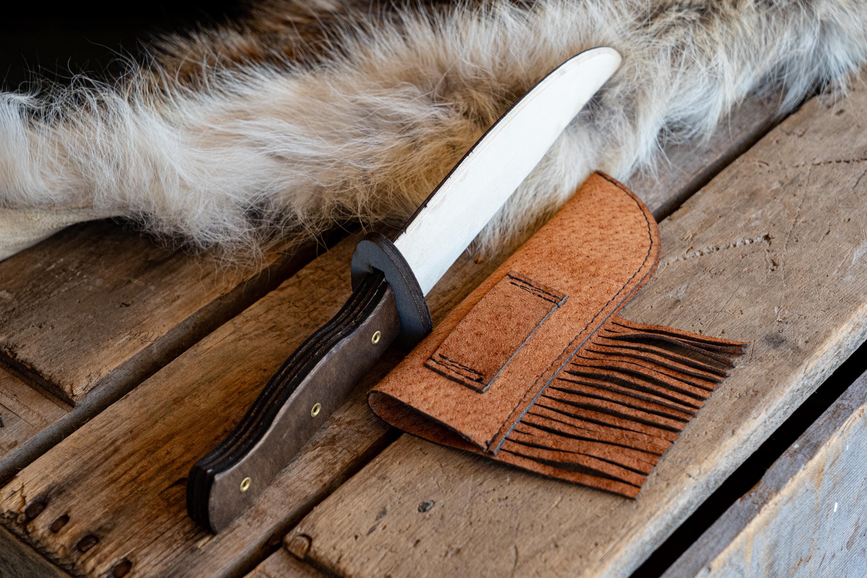 Play Wooden Bowie Knife with Real Leather Sheath - Layered Handle with Brass Rivets