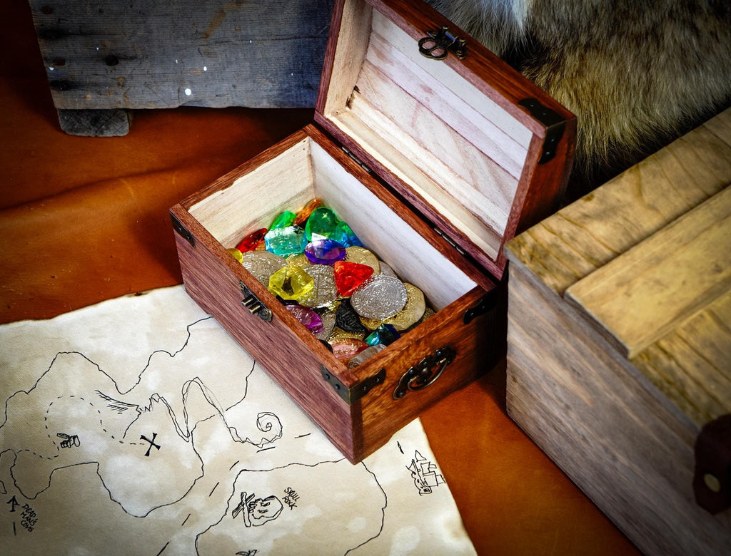 Pirate's Treasure Chest Kit with Jewels, Real Metal Coins, and Blank Antiqued Map Paper