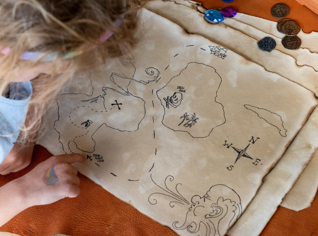 Pirate's Treasure Chest Kit with Jewels, Real Metal Coins, and Blank Antiqued Map Paper