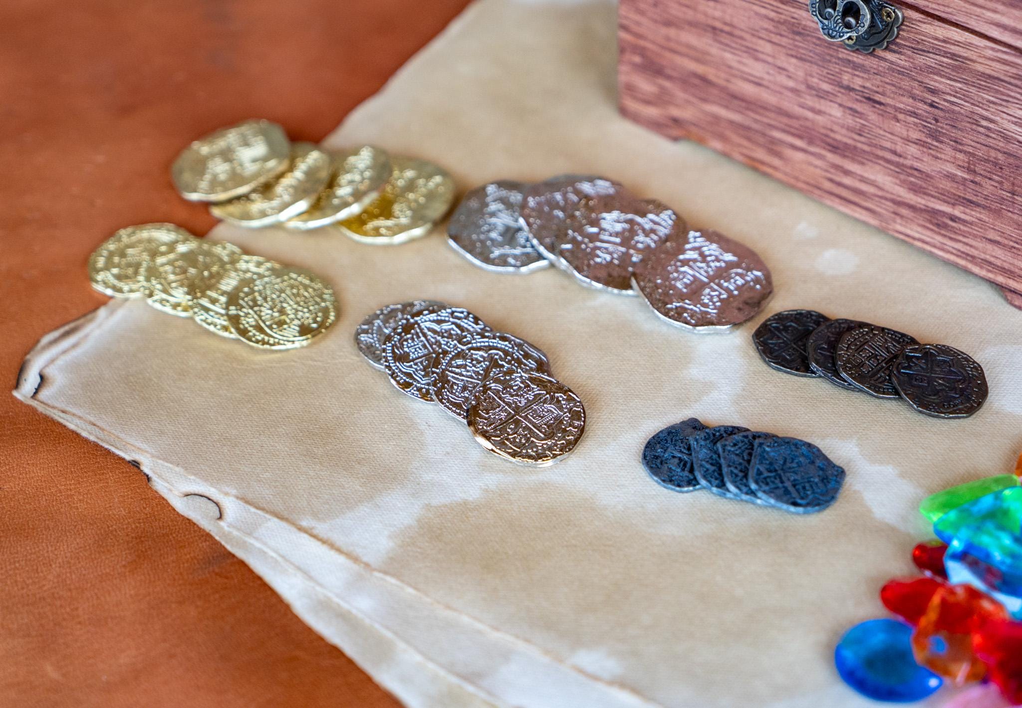 Pirate's Treasure Chest Kit with Jewels, Real Metal Coins, and Blank Antiqued Map Paper