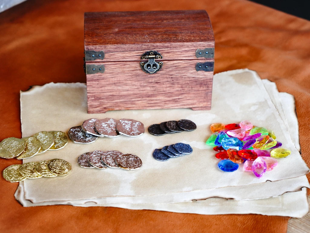 Pirate's Treasure Chest Kit with Jewels, Real Metal Coins, and Blank Antiqued Map Paper