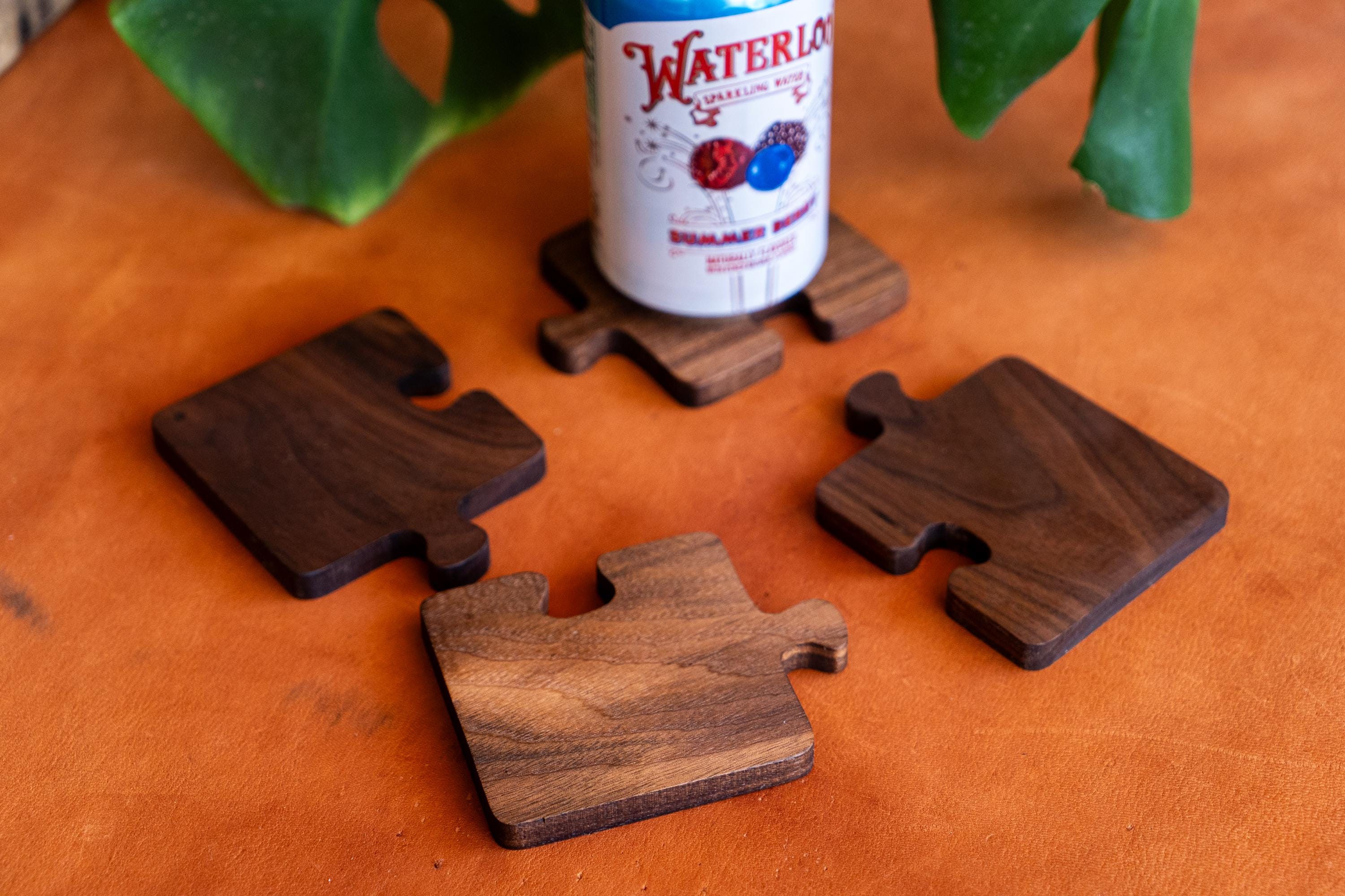Interlocking Walnut Wood Puzzle Piece Coaster Set Trivet Combo