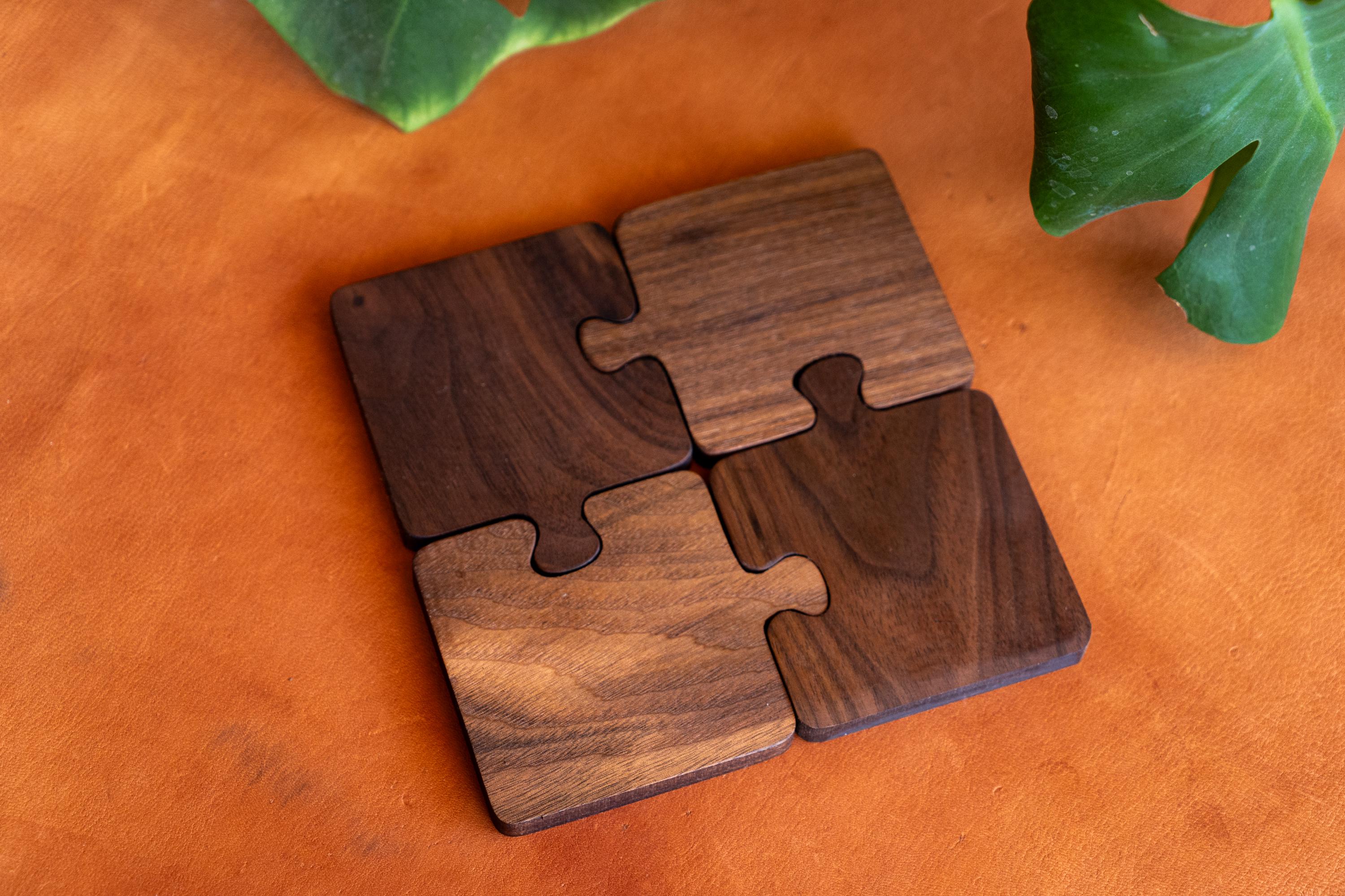 Interlocking Walnut Wood Puzzle Piece Coaster Set Trivet Combo