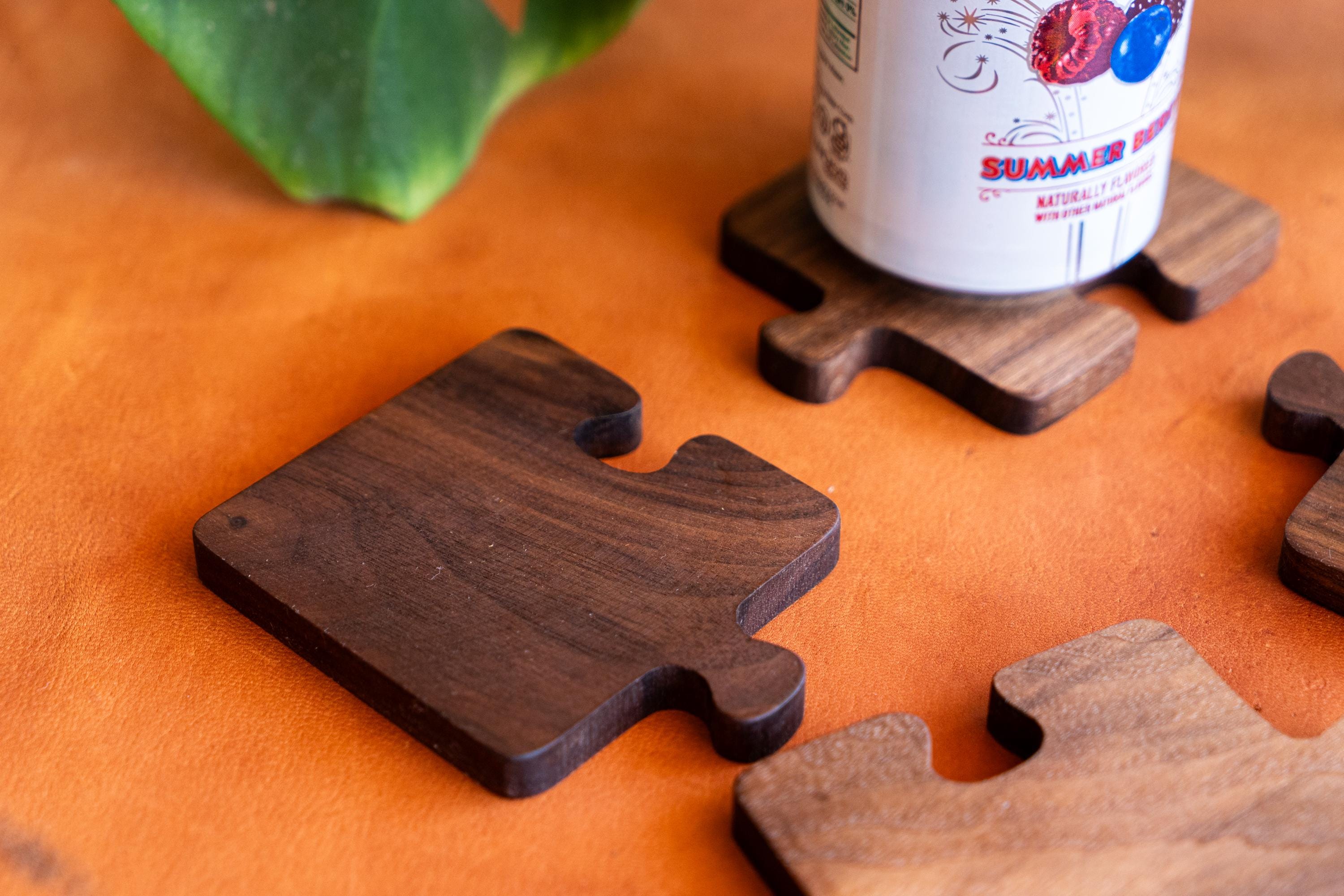 Interlocking Walnut Wood Puzzle Piece Coaster Set Trivet Combo