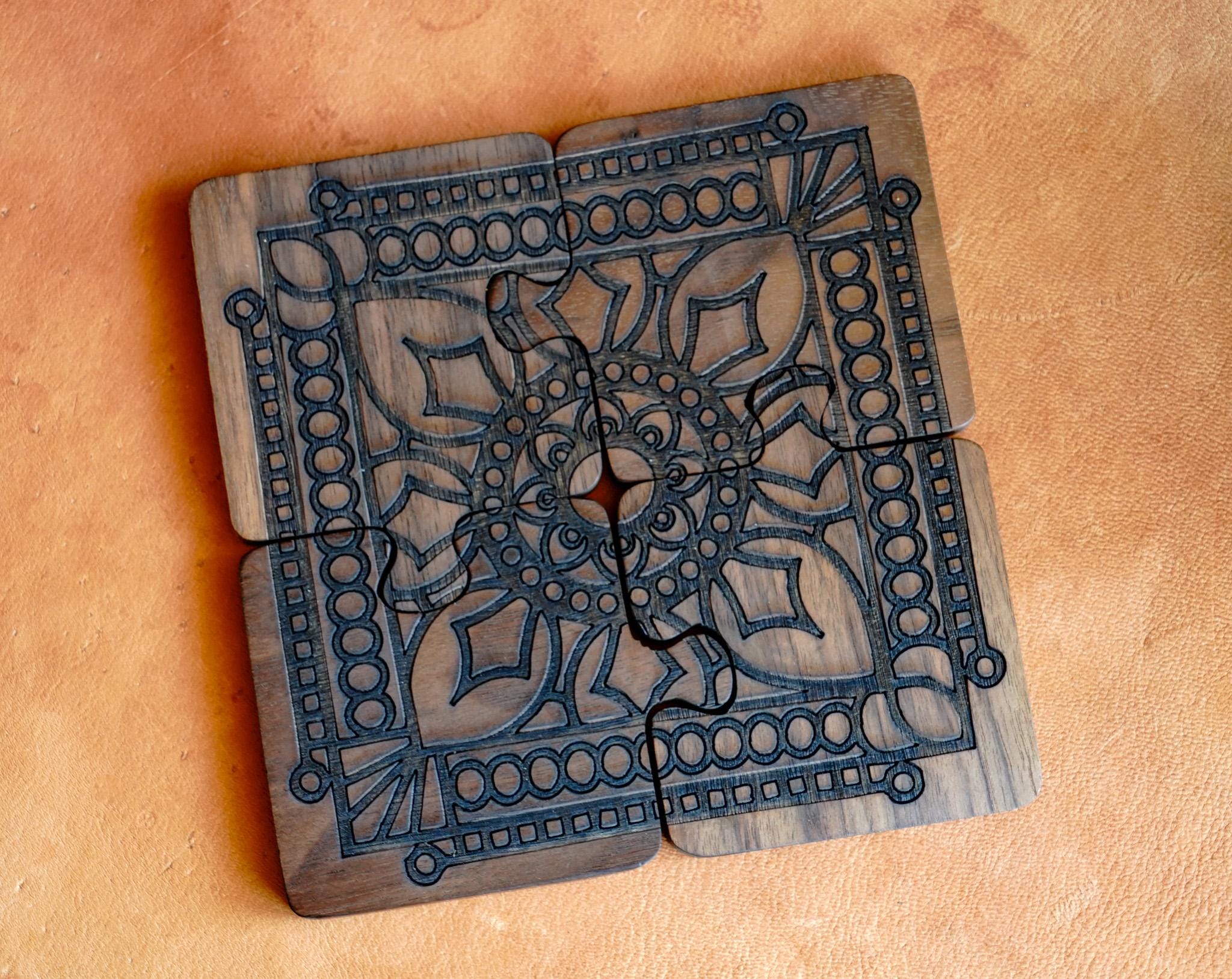 Interlocking Walnut Wood Puzzle Piece Coaster Set Trivet Combo