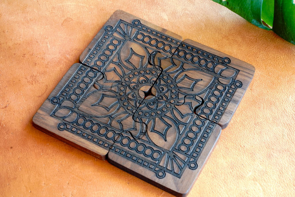 Interlocking Walnut Wood Puzzle Piece Coaster Set Trivet Combo