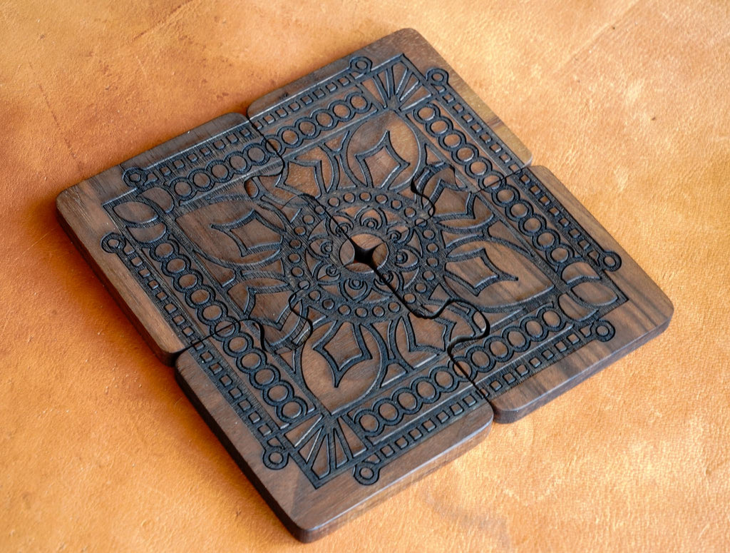 Interlocking Walnut Wood Puzzle Piece Coaster Set Trivet Combo