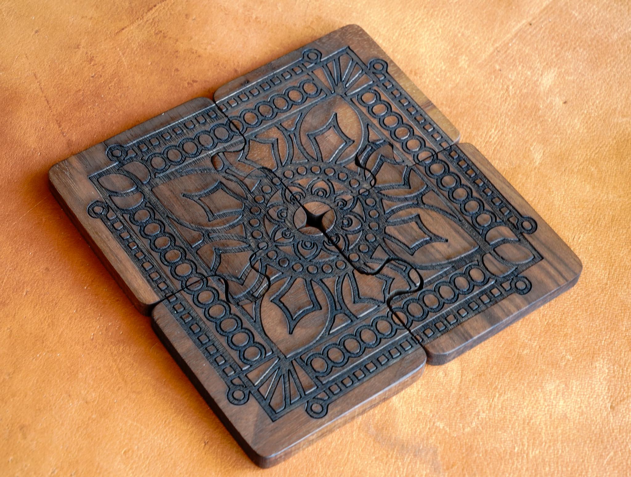 Interlocking Walnut Wood Puzzle Piece Coaster Set Trivet Combo