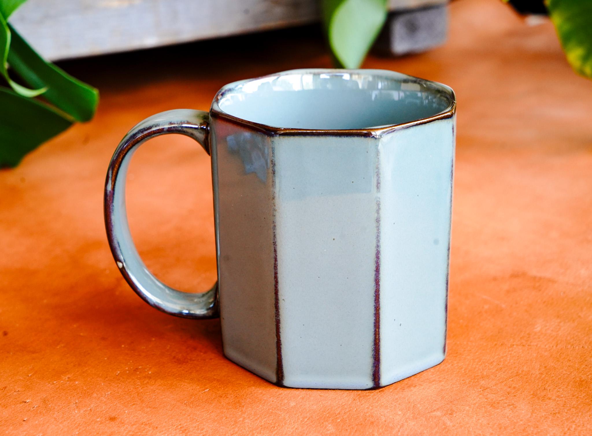 Unique Octagonal Rustic Light Blue Glaze Mug