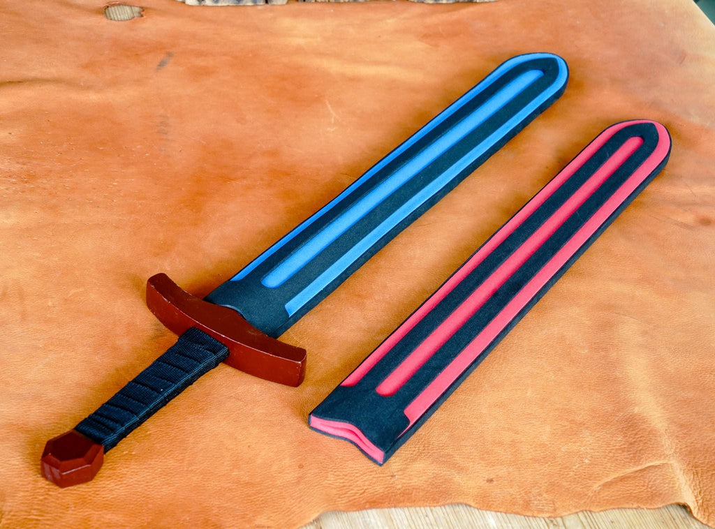 Wood Toy Sword with Sheath: Padded Foam Cover - Red, Blue, or Grey