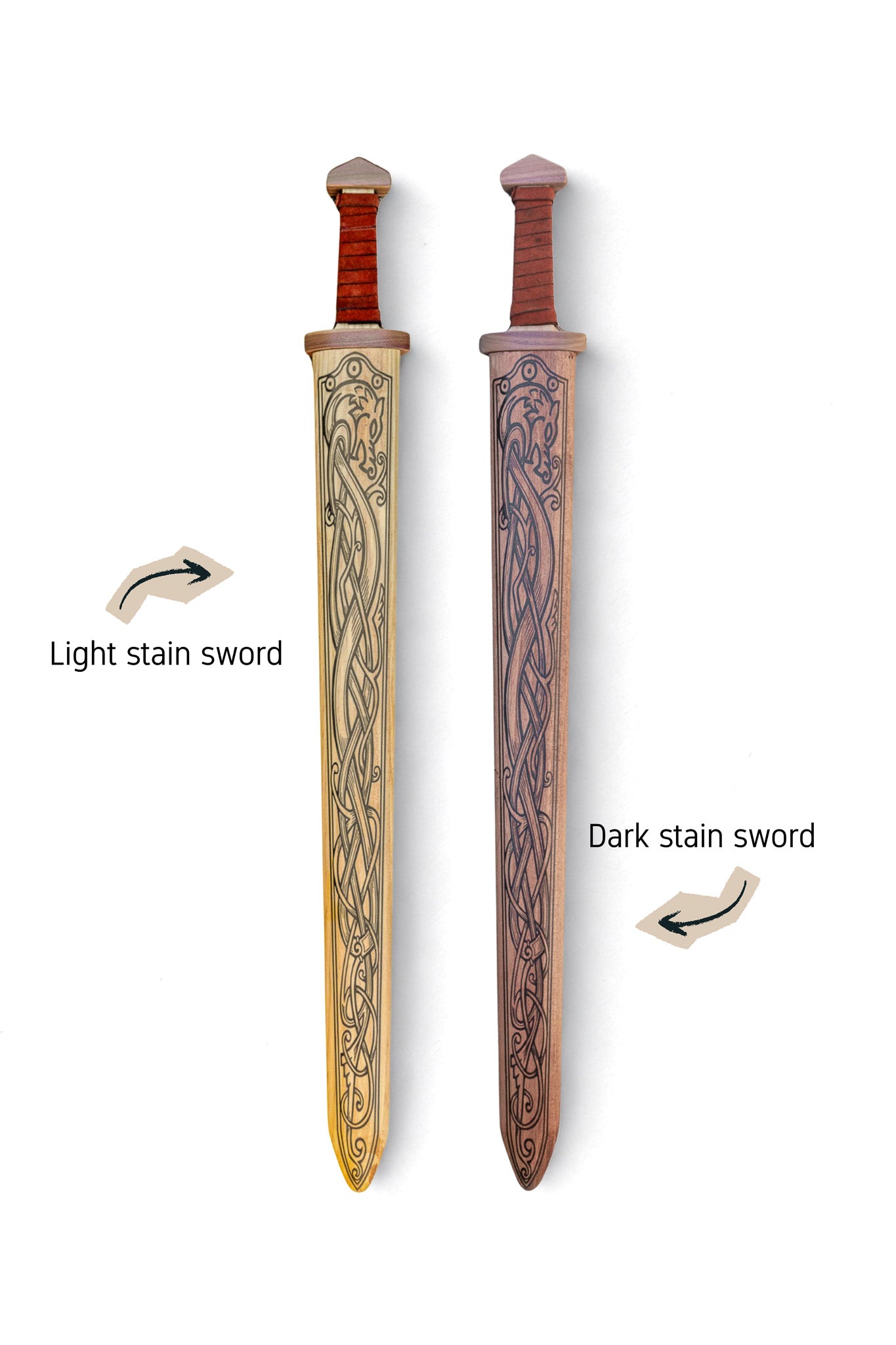 Large Wood Replica Viking Sword ith Norse Motif, Wooden Sheath with Leather Wrapped Handle
