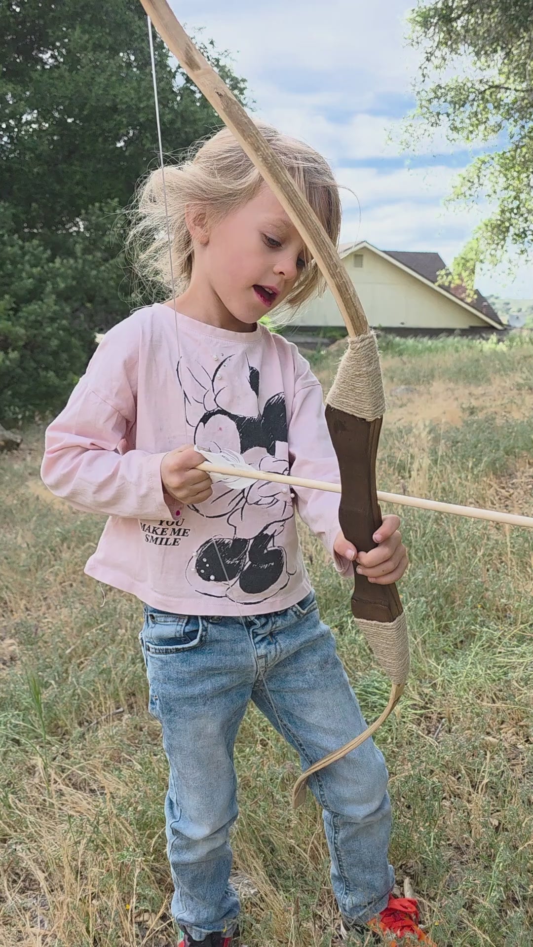 Wooden Toy Bow and Arrow Set with Felt or Leather Quiver & Six Rubber Tipped Arrows