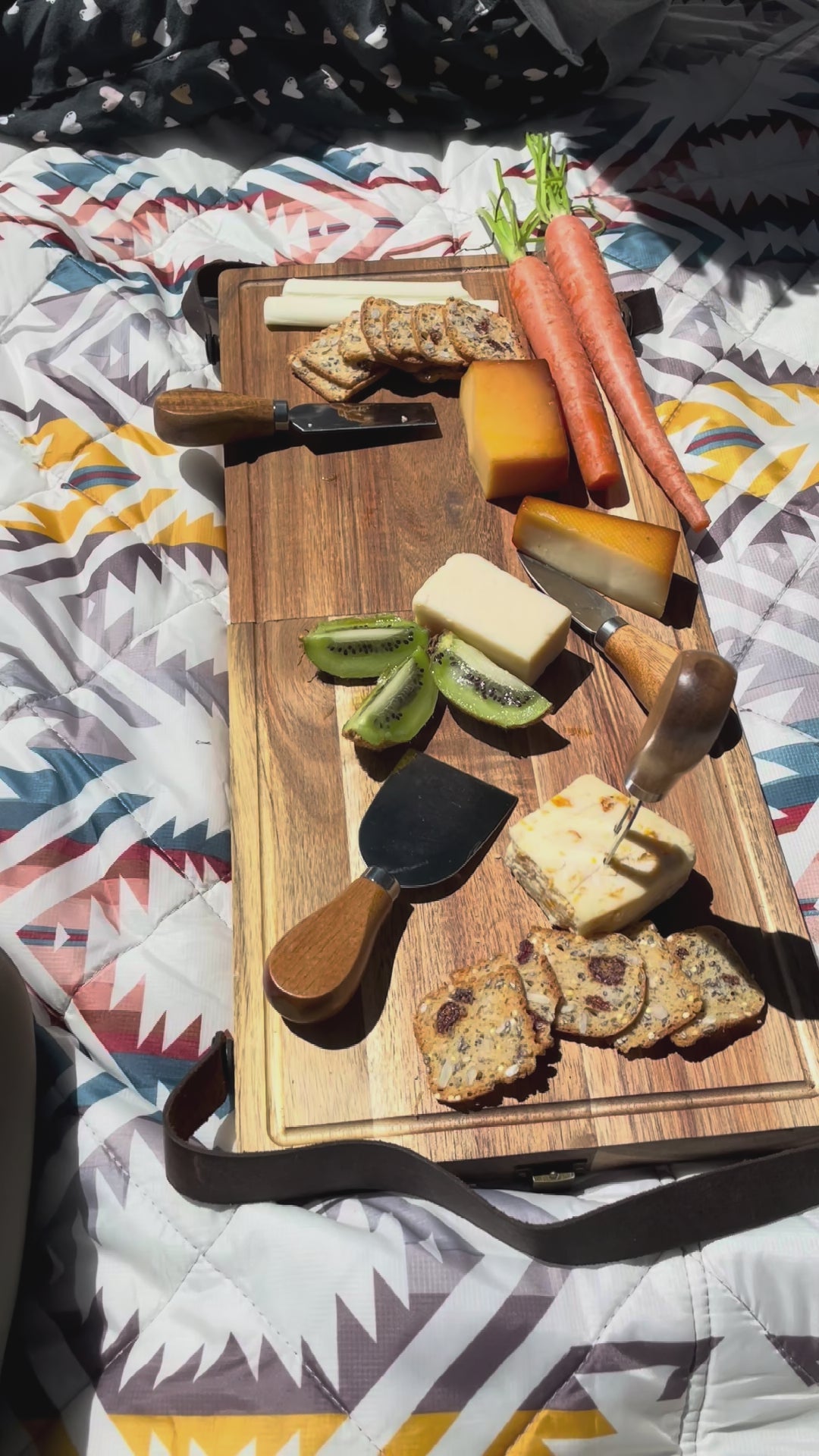 Foldable Cutting / Serving / Picnic Board with Magnetic Internal Utensil Storage and Leather Handles