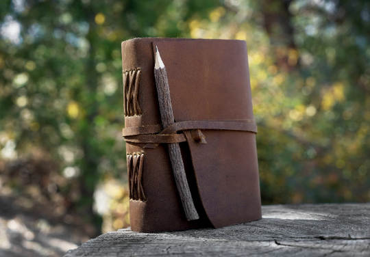 Genuine Leather Journal with Antiqued Handmade Pages, Leather Strip Closure, and Wooden Pencil
