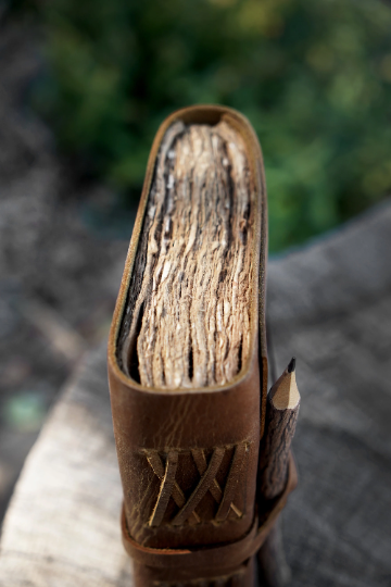 Genuine Leather Journal with Antiqued Handmade Pages, Leather Strip Closure, and Wooden Pencil
