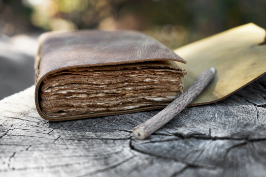 Genuine Leather Journal with Antiqued Handmade Pages, Leather Strip Closure, and Wooden Pencil