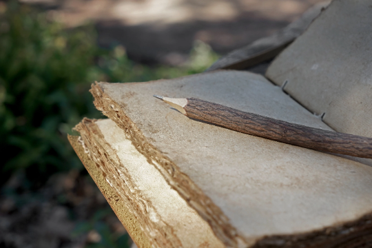 Genuine Leather Journal with Antiqued Handmade Pages, Leather Strip Closure, and Wooden Pencil