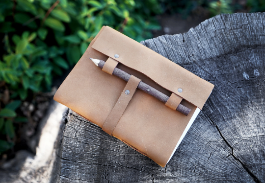 Brown Leather 100-Page Journal with Wooden Pencil
