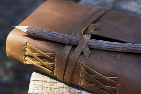 Genuine Leather Journal with Antiqued Handmade Pages, Leather Strip Closure, and Wooden Pencil