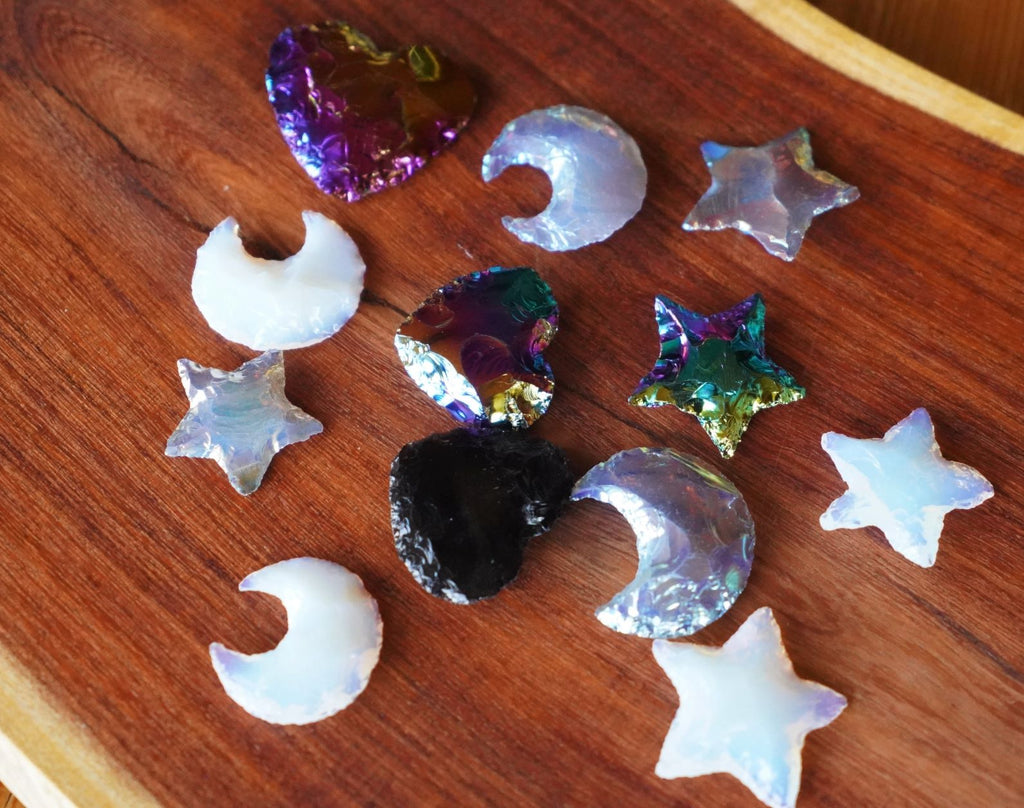 Assorted Lot Of 12 Aura Coated Obsidian and Opalite In Multiple Colors and Shapes