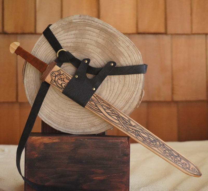 Children's Size Wooden Viking Sword with Norse Motif, Wooden Sheath and Leather Wrapped Handle