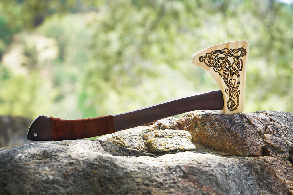 Wooden Play Axe with Norse Motif Engraving and Leather Wrapped Handle