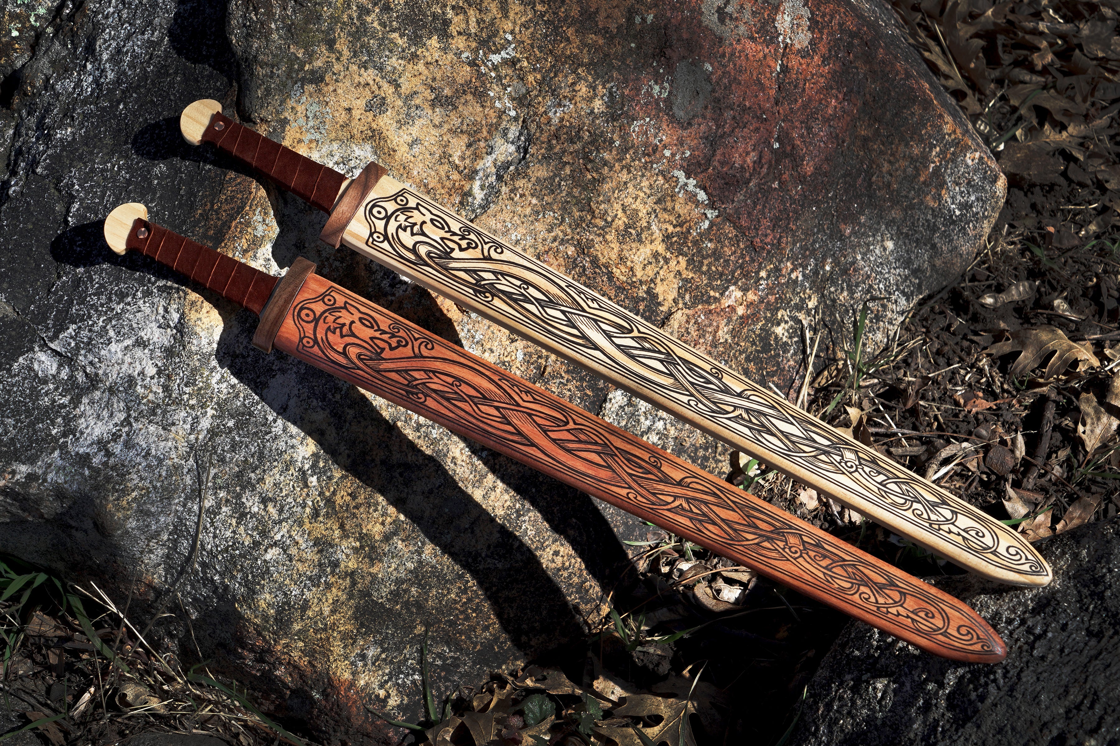 Children's Size Wooden Viking Sword with Norse Motif, Wooden Sheath and Leather Wrapped Handle