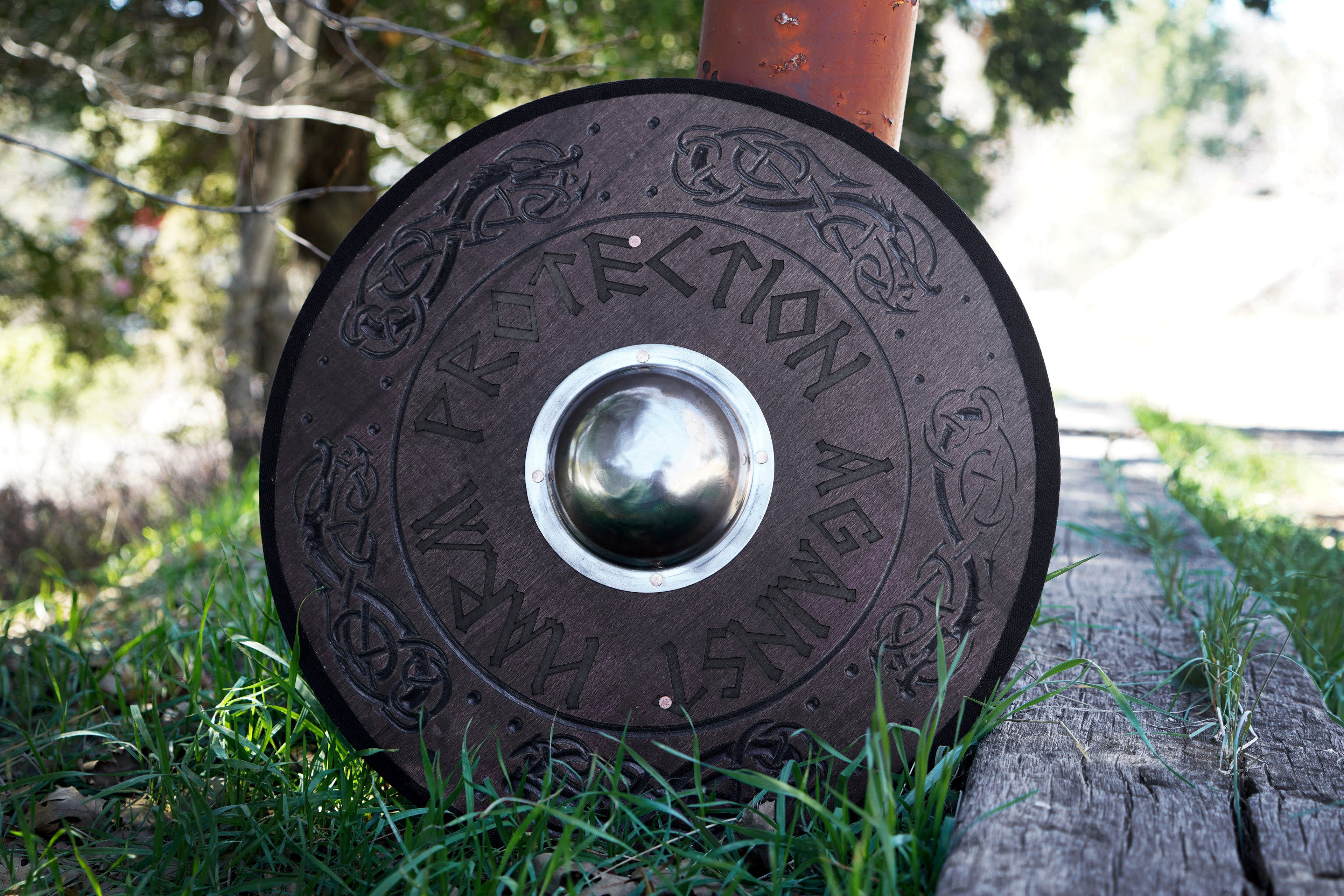Stained Embossed Design Toy Viking Shield with Steel Boss