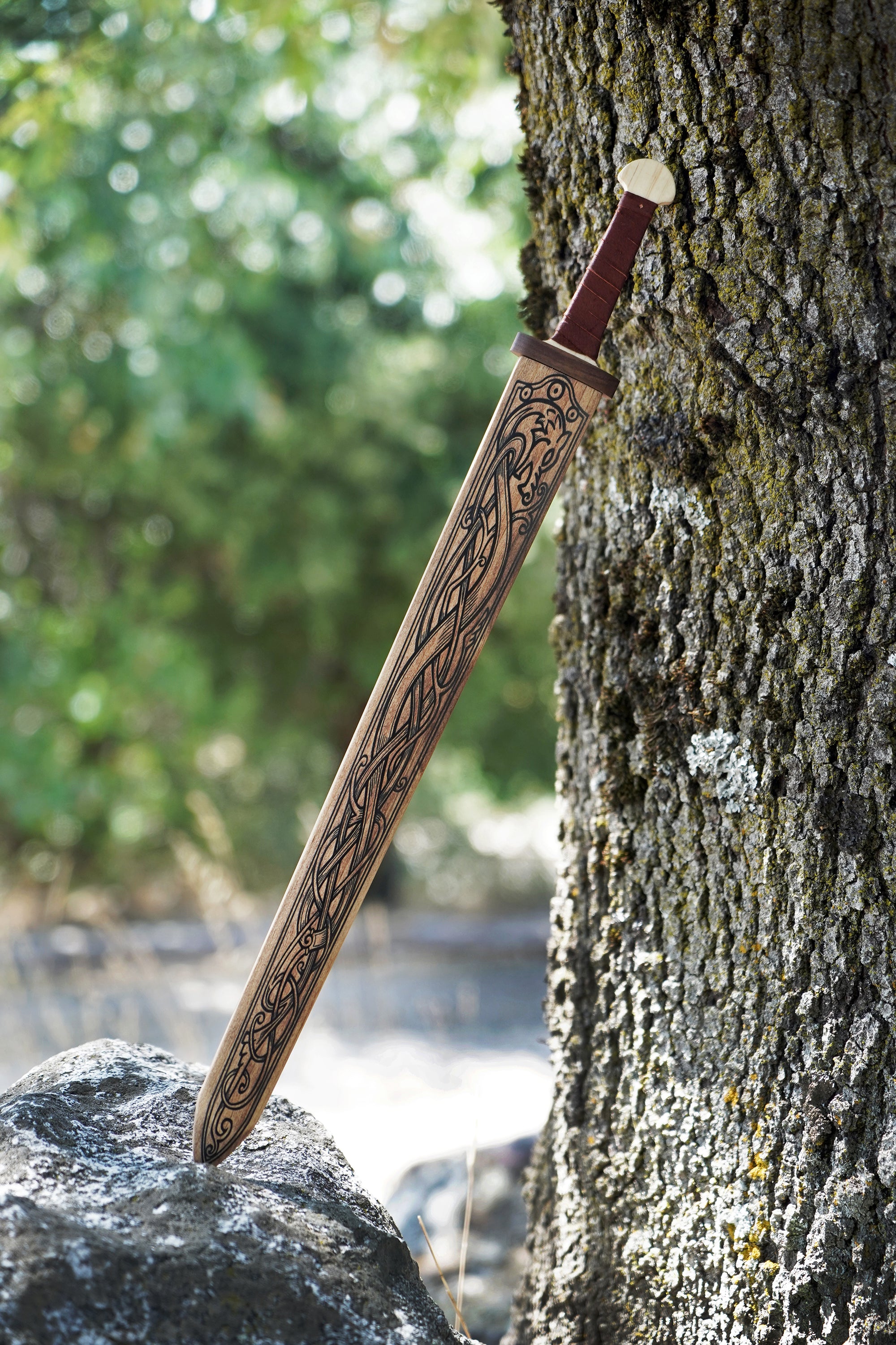 Children's Size Wooden Viking Sword with Norse Motif, Wooden Sheath and Leather Wrapped Handle