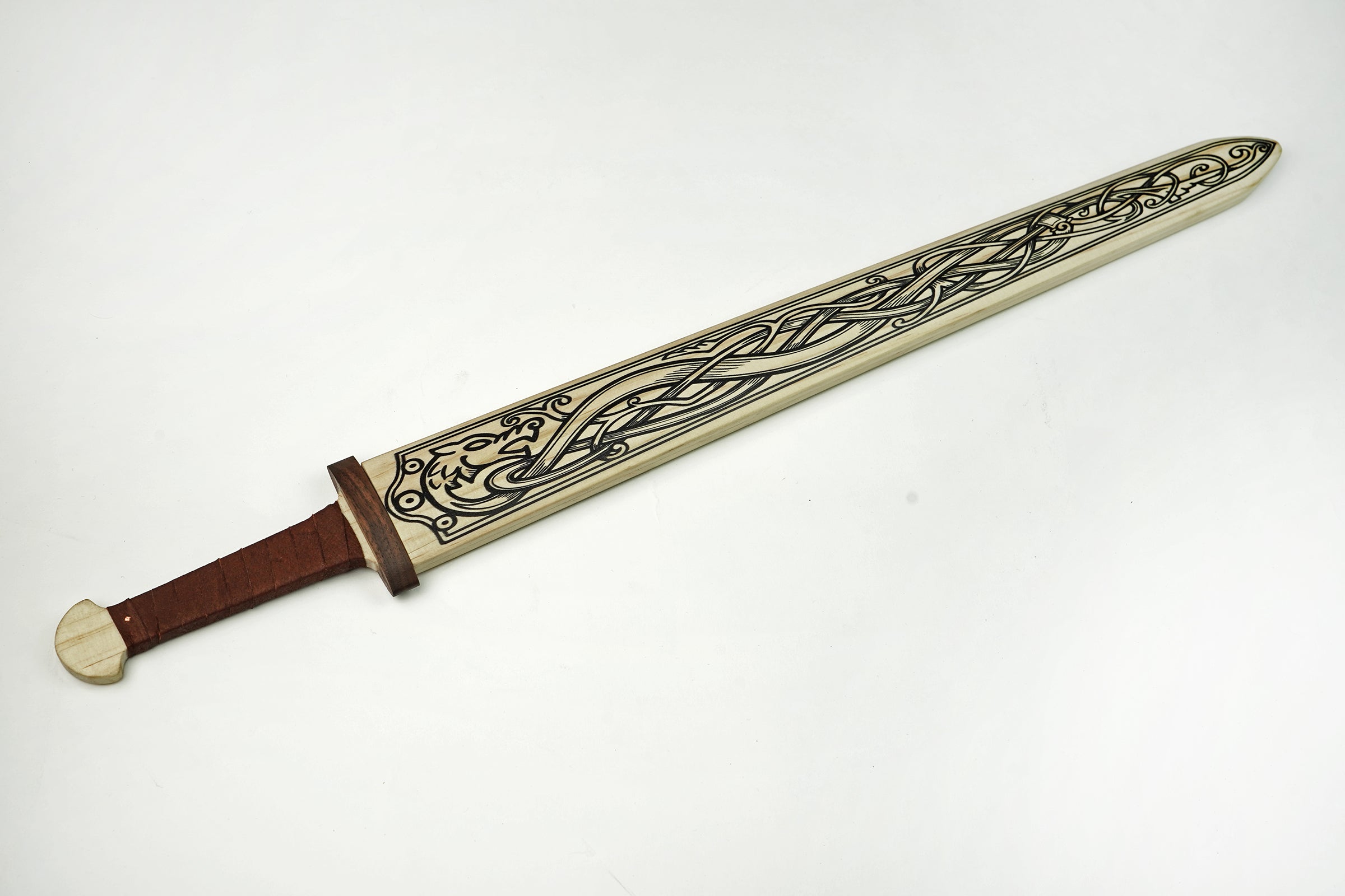 Children's Size Wooden Viking Sword with Norse Motif, Wooden Sheath and Leather Wrapped Handle
