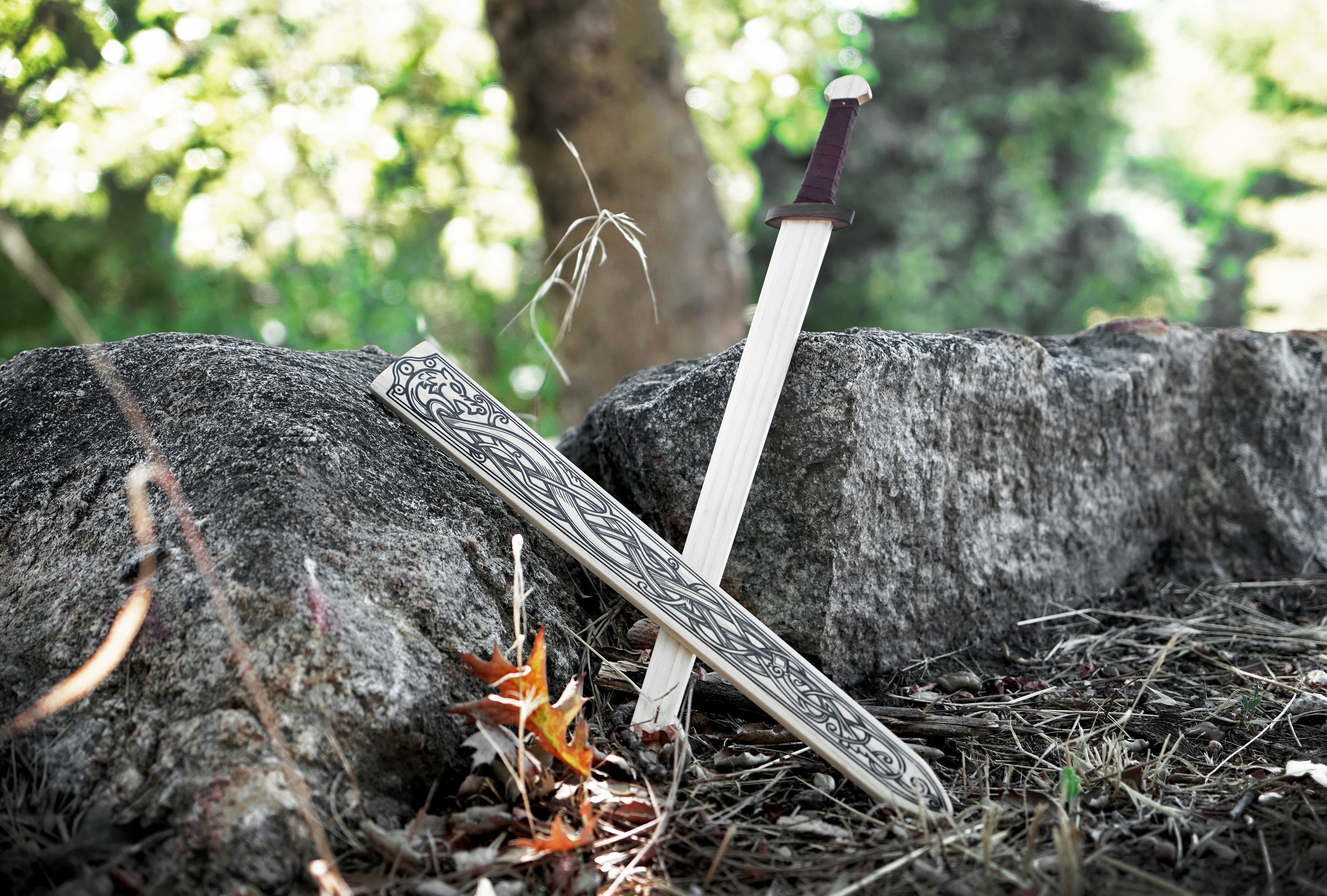 Children's Size Wooden Viking Sword with Norse Motif, Wooden Sheath and Leather Wrapped Handle