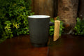 Ribbed Ceramic Charcoal Gray Mug with Wooden Handle