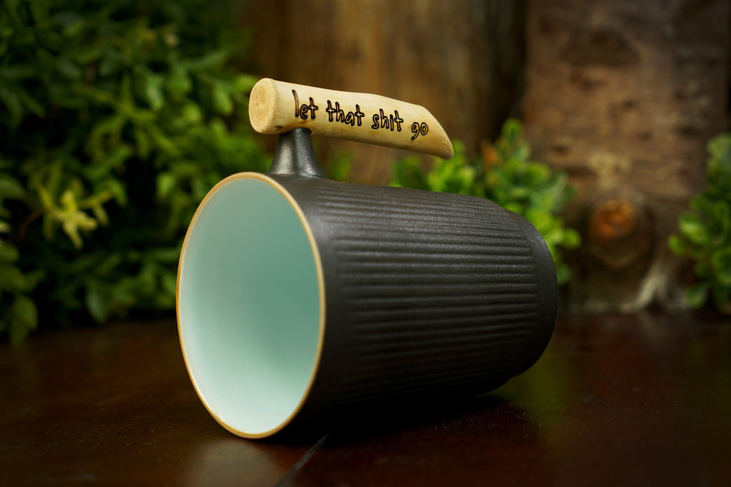 Ribbed Ceramic Charcoal Gray Mug with Wooden Handle