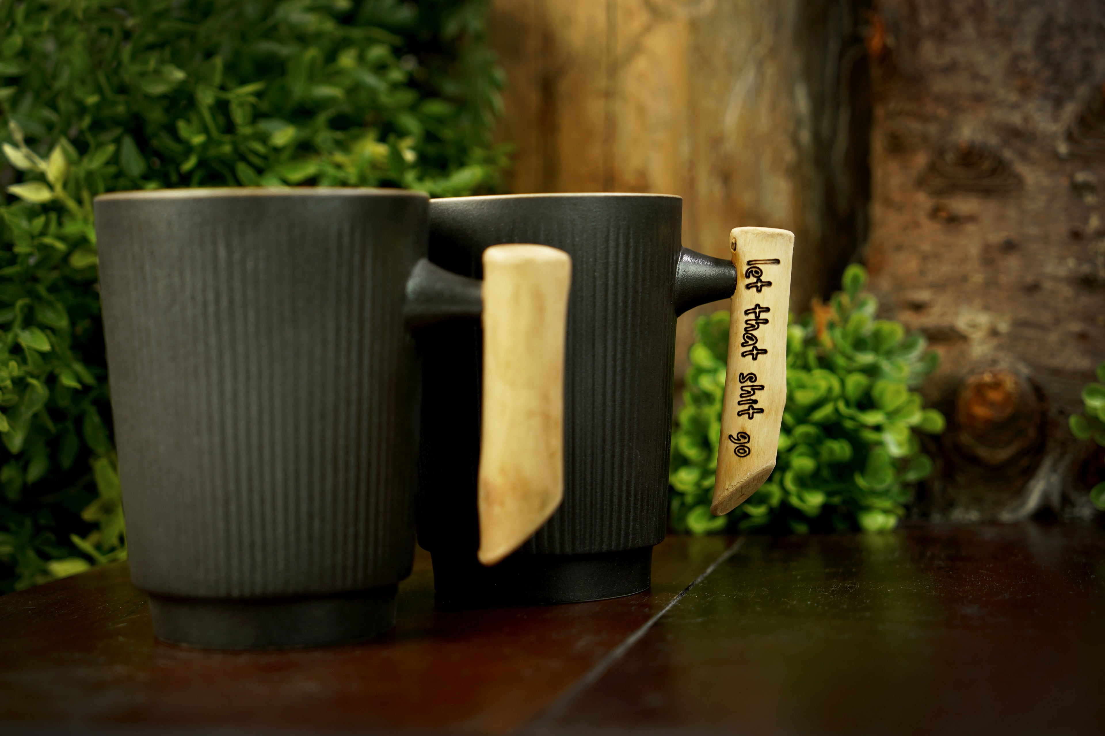 Ribbed Ceramic Charcoal Gray Mug with Wooden Handle